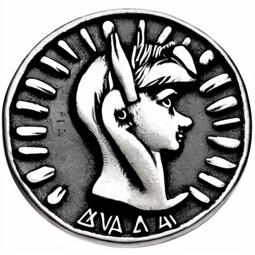 Prompt: twilight sparkle on a roman denarius coin. depiction of unicorn with short muzzle, big eyes, mane. Realistic silver coin. orichalcum