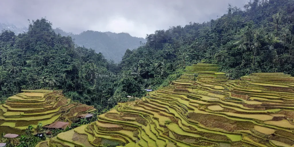 Image similar to a photo of ifugao rice terraces in the Philippines snowing and everything is covered with snow, winter wonderland, tropical snow, bad cold weather