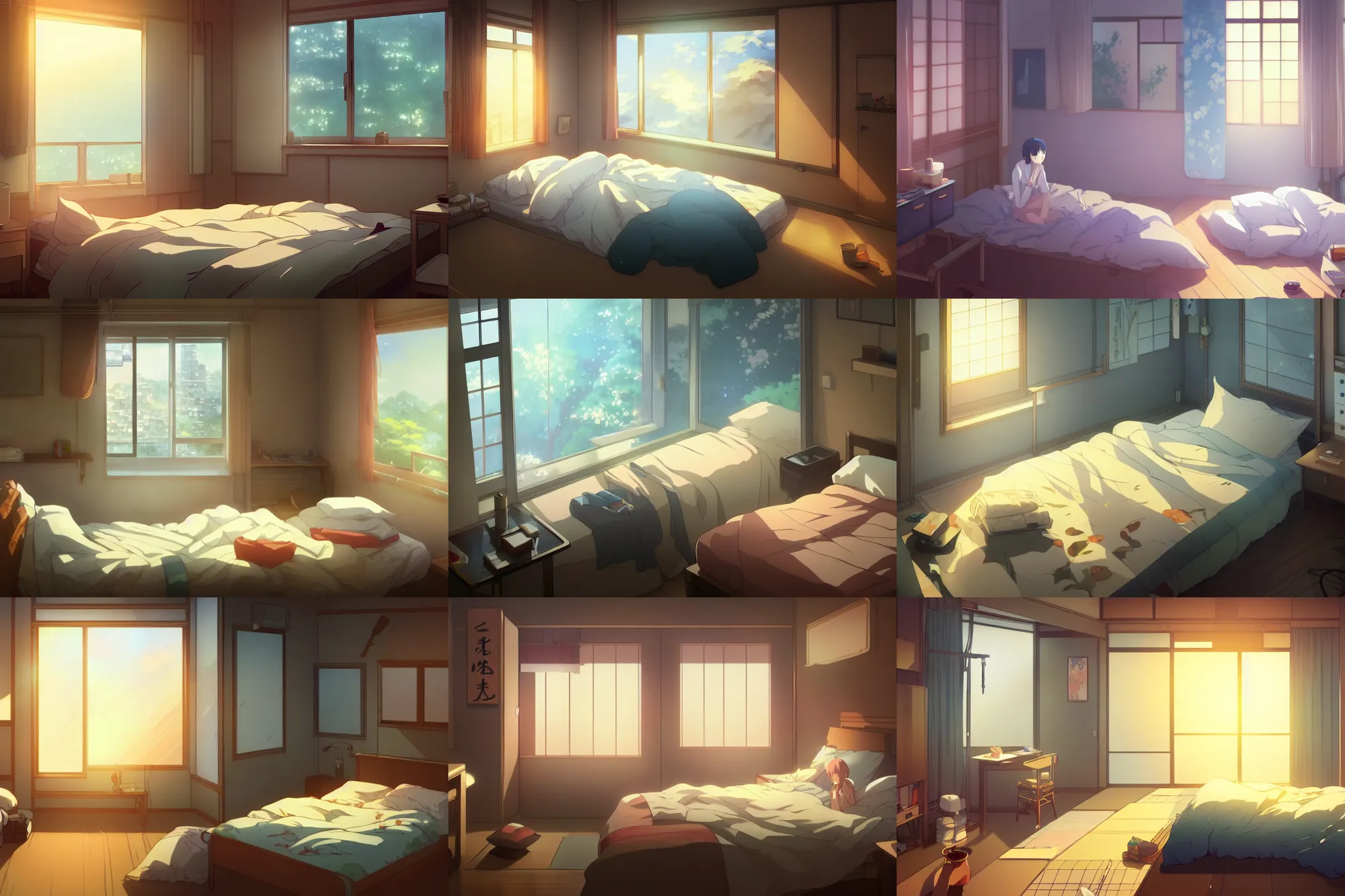 Prompt: a bedroom in a japanese apartment, neatly made bed, key visual, a digital painting by makoto shinkai and james gurney, trending on artstation, highly detailed
