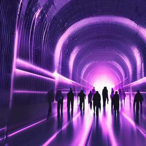 Prompt: a crowd of people walking to a purple portal in a futuristic city, cinematic shot, cinematic lighting