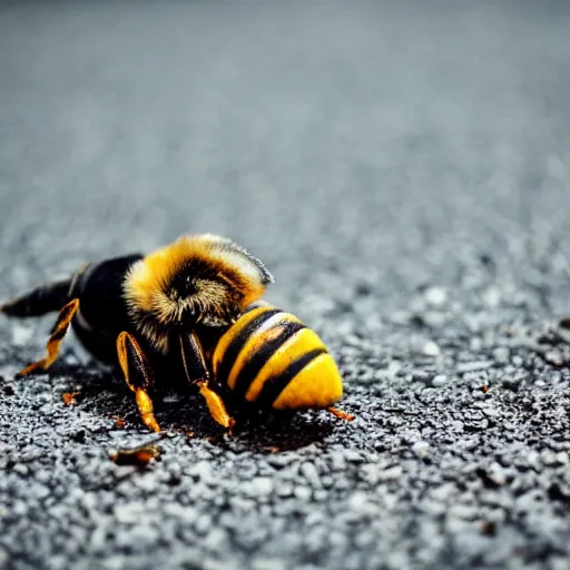 Prompt: dog stepping on a dead bee on the concrete ground, close up, macro, dslr photography