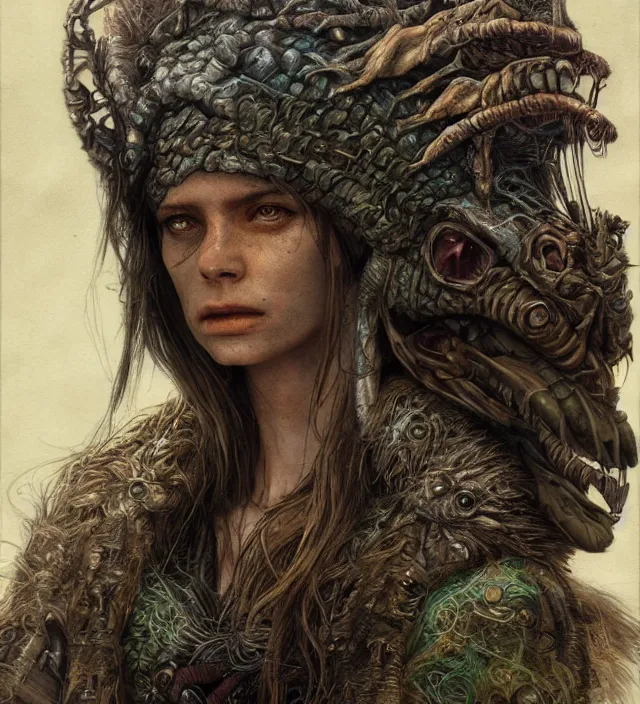 Image similar to hyper realistic portrait of postapocalyptic quetzalcoatl, cinematic, symmetric, dark crystal, artstation, cgsociety, alan lee, brian froud, jean baptiste monge, scott radke