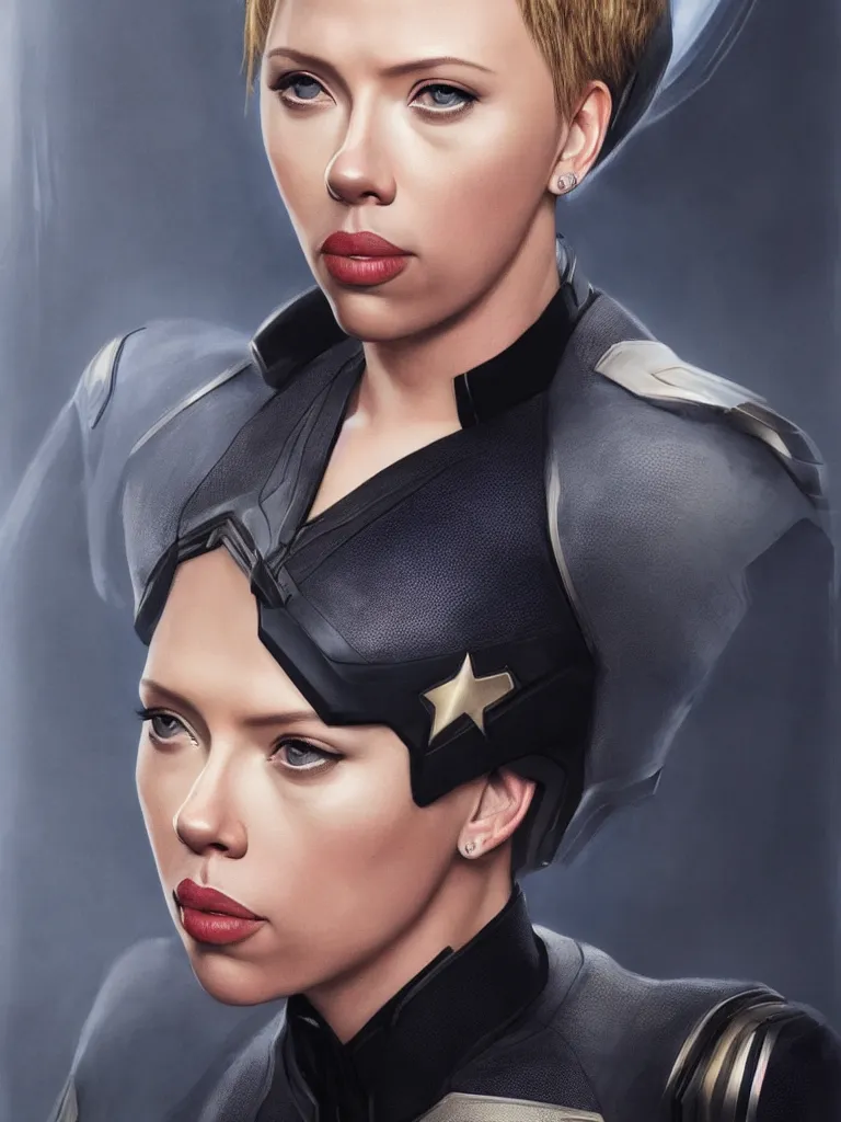 Image similar to Scarlet Johansson in a Star Trek suit, highly detailed headshot portrait.
