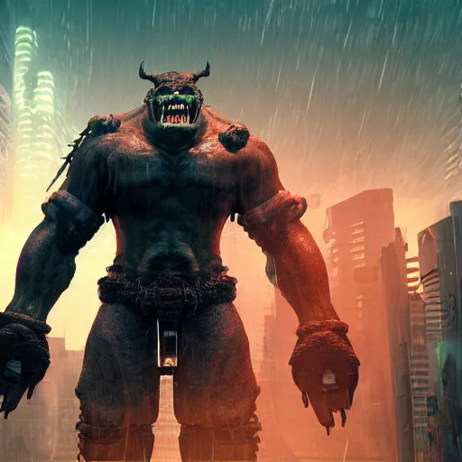 Prompt: cyberpunk boss fight, giant orc. cinematic wide shot