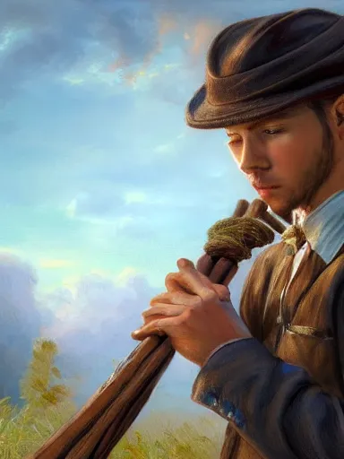 Image similar to a handsome young man, holding a adorned cane. walking in a rural area. intricate, elegant, highly detailed, digital painting, artstation, concept art, sharp focus, illustration, by justin gerard and artgerm, 8 k