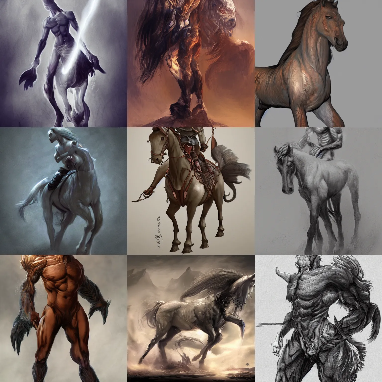 Image similar to studio photo of a dramatic lighting, character design of a horse human hybrid monster, centaur trending on artstation. monster character, human