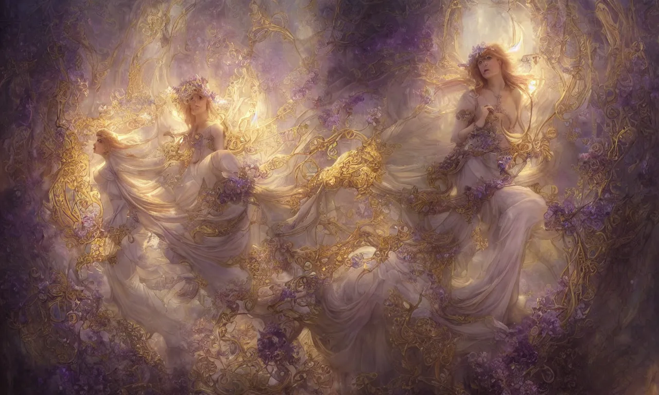 Prompt: breathtaking detailed soft painting of a fairy bride with fire amethyst wings and golden ribbons in gondor, art nouveau golden rose flowers floating around, rembrandt style, hyper detailed fire stained glass windows, volumetric lighting, concept art, matte, sharp focus by Tom Bagshaw, Rebecca Guay and Greg Rutkowski