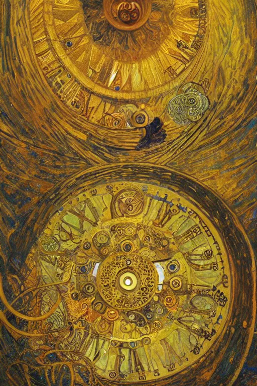 Image similar to The Helliquary by Karol Bak, Jean Deville, Gustav Klimt, and Vincent Van Gogh, otherworldly, fractal structures, arcane, clockface, spiral clock, inferno, inscribed runes, reliquary, infernal relics, ornate gilded medieval icon, third eye, spirals