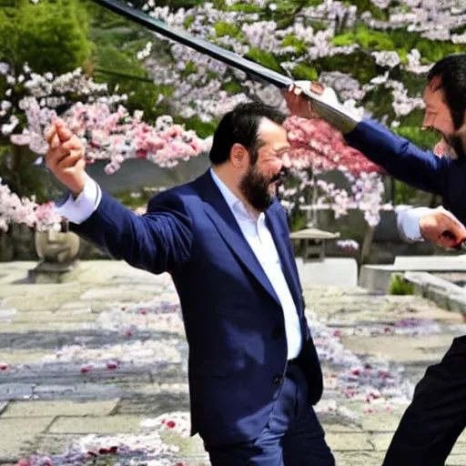 Prompt: matteo salvini and enrico letta katana duel in a shinto shrine while sakura petals are falling