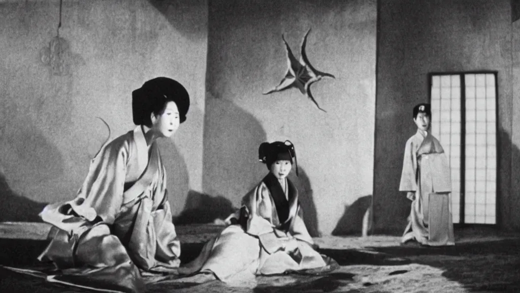 Image similar to shadow of a monstrous starfish behind a woman in hanbok sitting on a couch, traditional korean interior, in rashomon a kaiju - eiga monster movie by akira kurosawa and ishiro honda