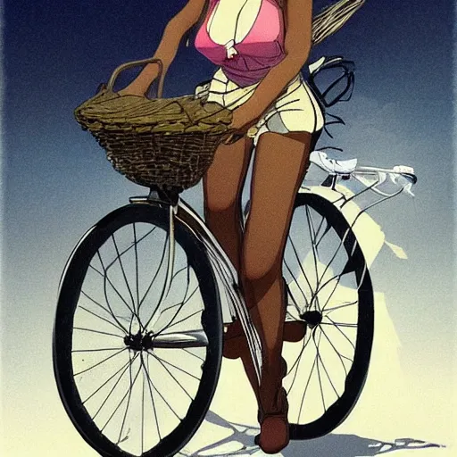 Image similar to girl black hair tail dark skin with old bicycle by Hayao Miyasaki trending on artstation