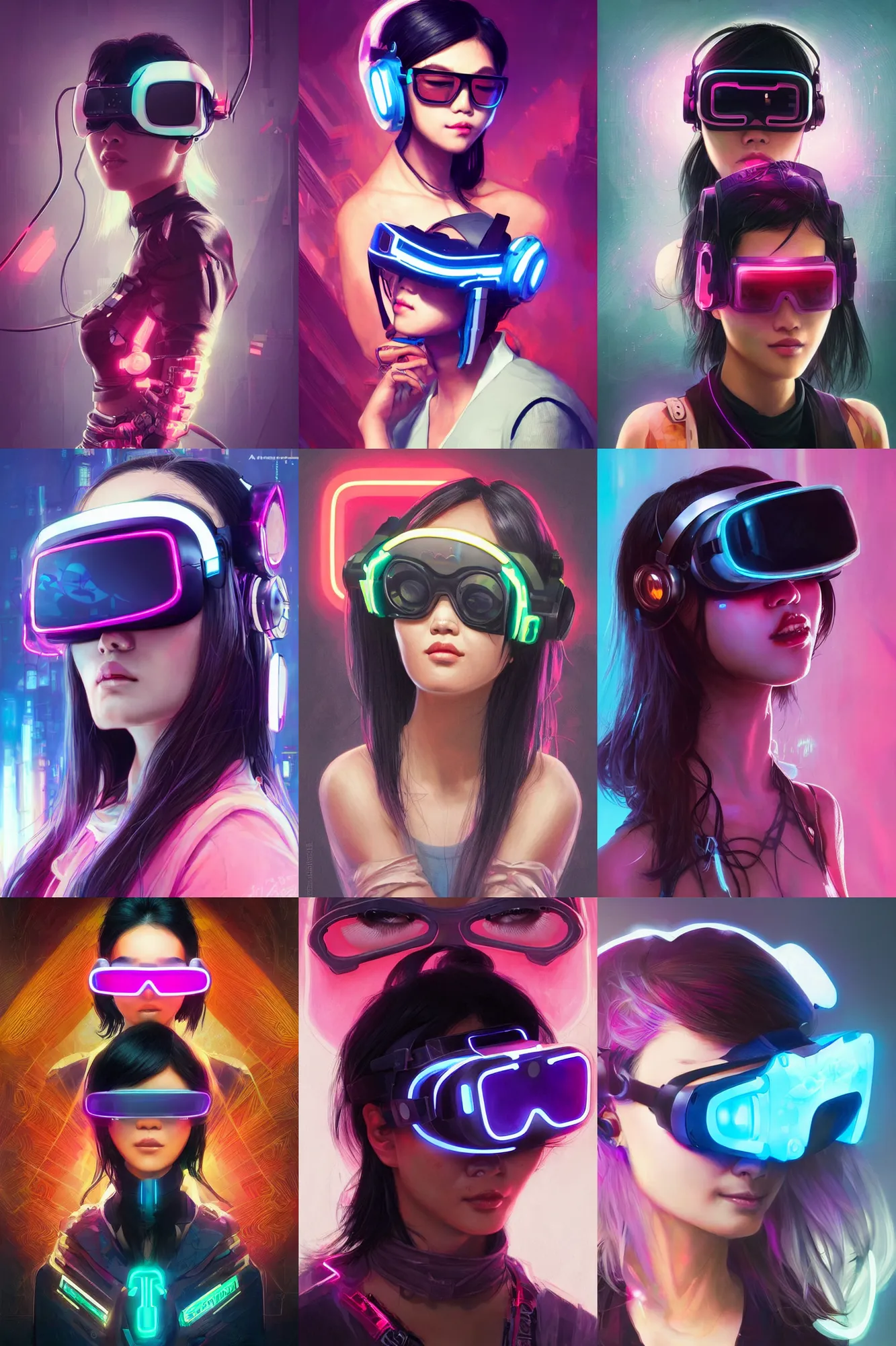 Prompt: asian woman wearing a cyberpunk vr headset like glasses, neon lenses, futuristic thin design, trending on artstation, by artgerm and greg rutkowski and alphonse mucha