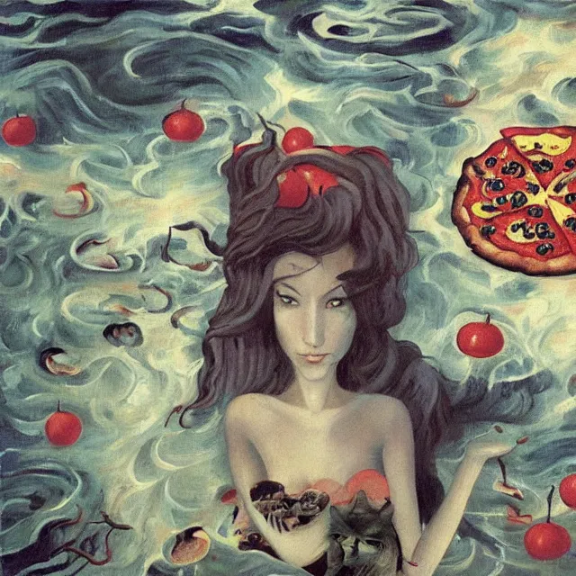 Prompt: tall female catgirl artist holding pizza in her flooded apartment, pomegranates, octopus, water gushing from ceiling, painting of flood waters inside an artist's apartment, a river flooding indoors, mushrooms, ikebana, zen, rapids, waterfall, black swans, canoe, berries, acrylic on canvas, surrealist, by magritte and monet