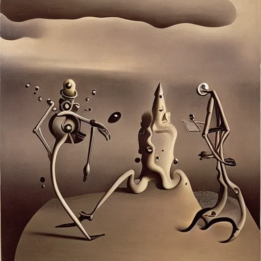 Image similar to Two mechanical beings in a deep conversation. Dali. Yves Tanguy,