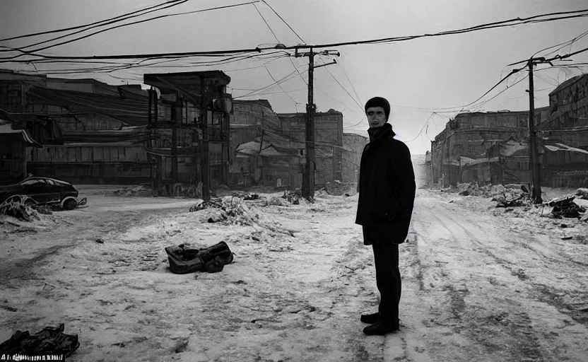 Image similar to In a city of Norilsk on the Moon, a Mysterious man is standing in the middle of a street photo by Gregory Crewdson, a city on the Moon