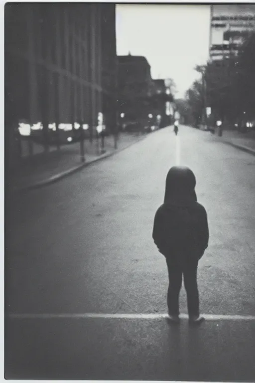 Image similar to polaroid photo of sad and lonely child in the middle of an empty street in a big city, wet collodion technique, photorealistic, 35mm film, lens 85mm, f2.8, black and white, polaroid, view camera.