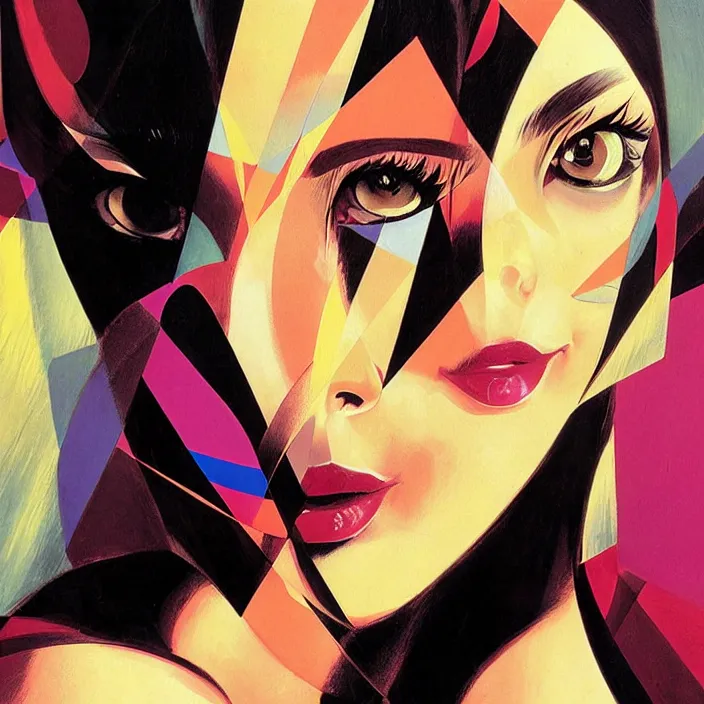 Prompt: abstract portrait of a hyperbeautiful catgirl, geometric, anime style, caravaggio, syd mead