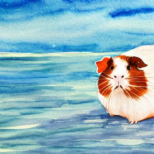 Image similar to a guinea pig posing next to a white kayak, water colour