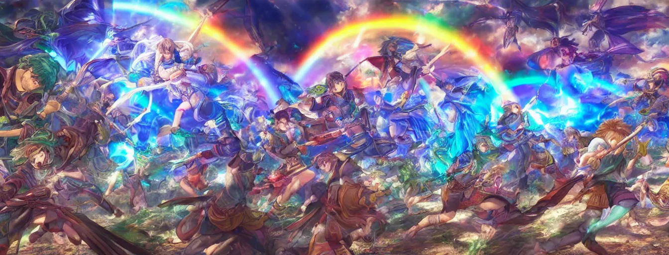 Prompt: rainbow souls fighting on a battlefield with spirit power flying around. hyperrealistic anime background illustration iralki nadar, colorful, extremely detailed intricate linework, smooth, super sharp focus, bright colors, high contrast, matte, octopath traveler, unreal engine 5 highly rendered, global illumination, radiant light