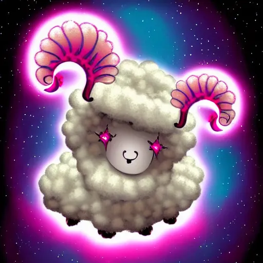 Image similar to A celestial sheep with wool that sparkles in pinky colors, digital art. Chinese art style