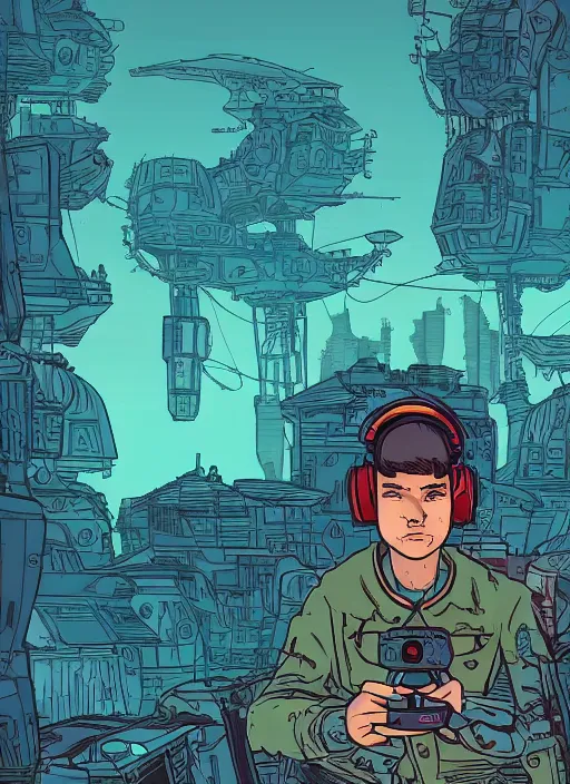 Image similar to in the style of max prentis and deathburger and laurie greasley a beautiful close up of a young explorer wearing a cyberpunk headpiece playing video games in his treehouse, colourful flat surreal design, highly detailed, 8 k wallpaper