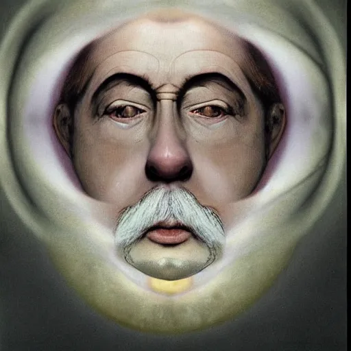 Prompt: a beautiful composition of deeply moving genius, flawless and incredible facial portraiture, depicting Father Time who has two faces and is regarding himself as if in the mirror; wondrous, benign and numinous, looking at it rewards the soul, being-in-itself, futuristic digital paint, by M. C. Escher and by Hilma af Klint and by Wassily Kandinsky and by Henri Rousseau and by Cruella de Vil