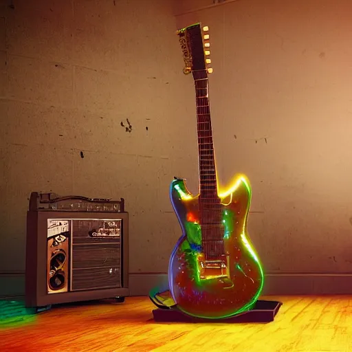 Prompt: guitar on a stand on a stage with a golden shiny electric guitar amp, the electric guitar is futuristic steampunk style with gears and tubes, 8 k, fluorescent colors, halluzinogenic, multicolored, exaggerated detailed, unreal engine - h 7 6 8
