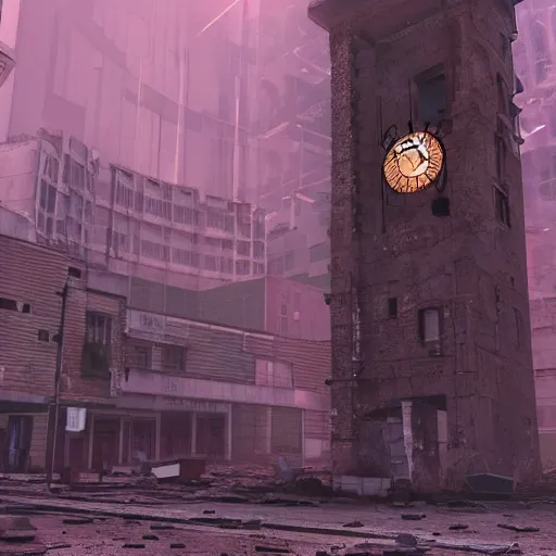 Image similar to a clock tower in an abandoned apocalyptic city, cyberpunk aesthetic