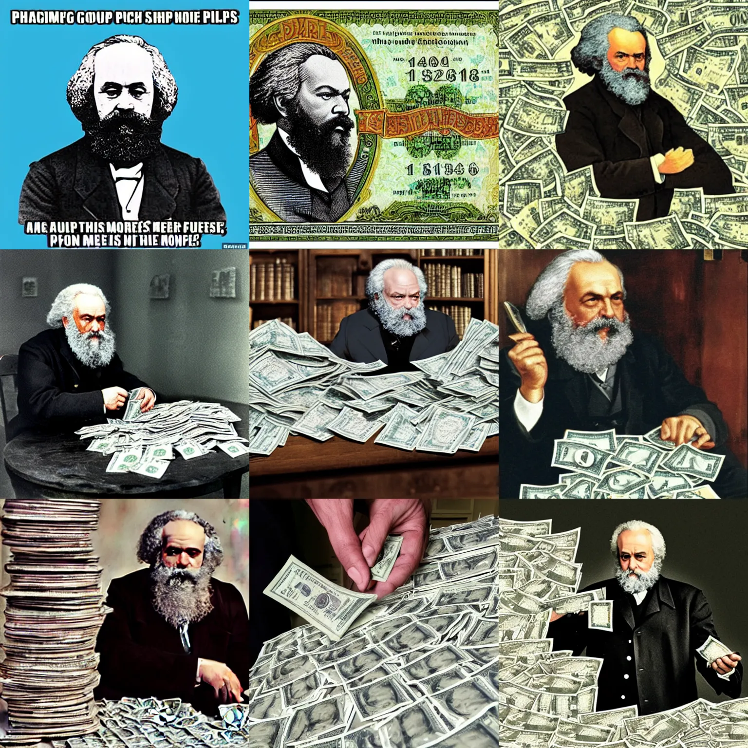 Prompt: karl marx counting piles of money, colorized