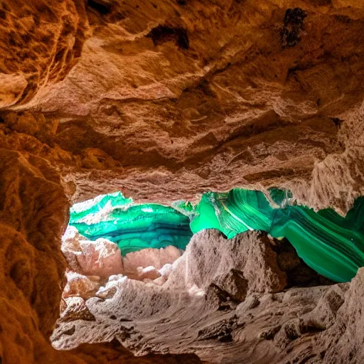 Prompt: photo inside a malachite cave