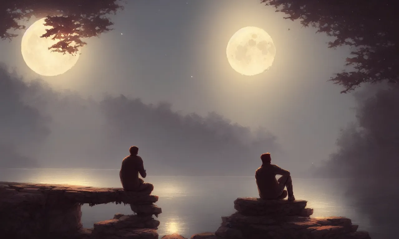 Image similar to a man siting looking at the moon light in front of the lake, trending on artstation, by jordan grimmer, art greg rutkowski