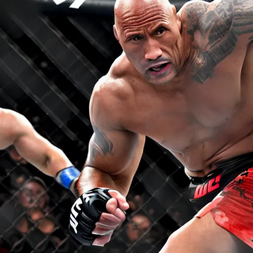 Image similar to dwayne the rock johnson fighting in the ufc, 4 k, photorealistic