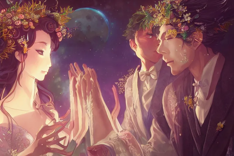 Image similar to a dreamlike portrait of wedding close up moment of a divine a japan sun god and moon goddess lovers magician at a wedding banquet. highly detailed, digital painting, fantasy wedding screen, 8 k realistic, hyper detailed, by makoto shinkai and akihiko yoshida and hidari and wlop