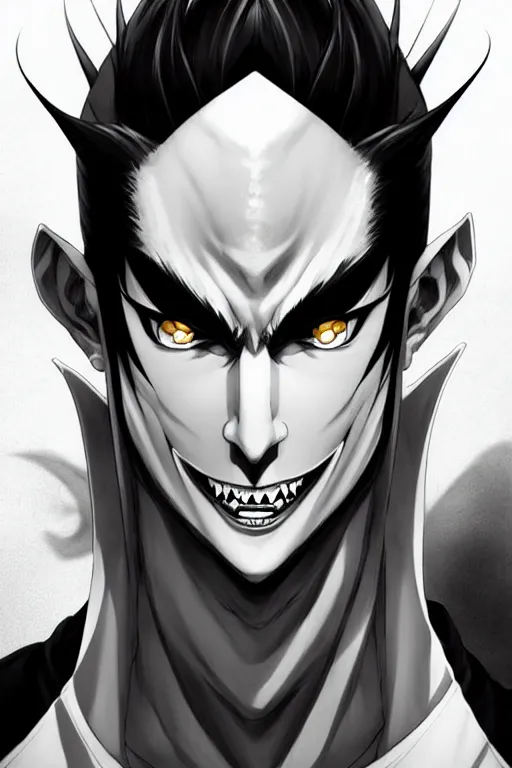 Prompt: handsome young demon king man only, evil grin, manga style only, wallpaper aesthetic, black white and yellow colors only, symmetrical face, demonic, cinematic, dramatic, powerful, super detailed and intricate, elegant, hyper realistic, 8 k render, by artgerm, by kyoung hwan kim, by ralph mcquarrie, by yoshiyuki tomino