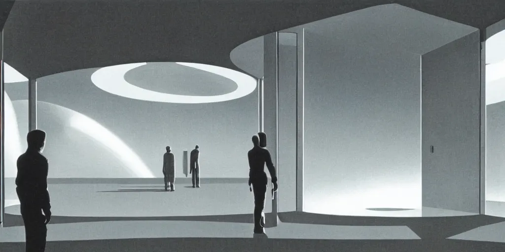 Image similar to 2001: A Space Odyssey, empty lobby, view of Earth through large window, by Ralph McQuarrie