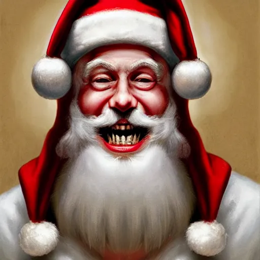 Image similar to frontal upper view of santa claus that is evil, cream colored cap, cream colored robe, red grinning mouth, cream colored background, fine art, award winning, intricate, elegant, sharp focus, cinematic lighting, digital painting, 8 k concept art, by michael hussar and greg manchess and brom and z. w. gu, 8 k