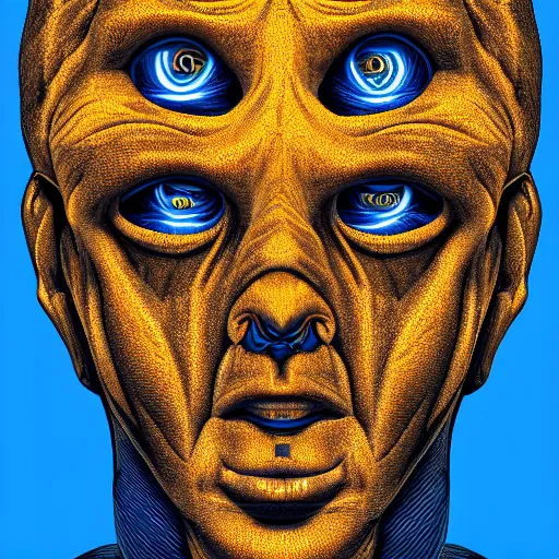 Image similar to human man that resembles a wasp morh in surreal sketch style, blue and yellow gradient, noise, ultrafine detail, hd 8k, logo illustration