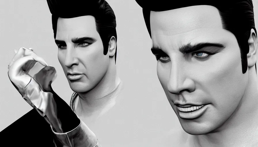 Image similar to John Travolta as Elvis, hyperdetailed, artstation, cgsociety, 8k