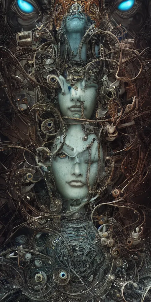 Prompt: a giant statue of shiva eyes, scifi, futuristic, utopian, machine parts, body parts, wires, circuits, highly detailed, octane render, cinematic, ayami kojima, karol bak, greg hildebrandt, and mark brooks, hauntingly surreal, gothic, highly detailed and intricate, rich deep colors.