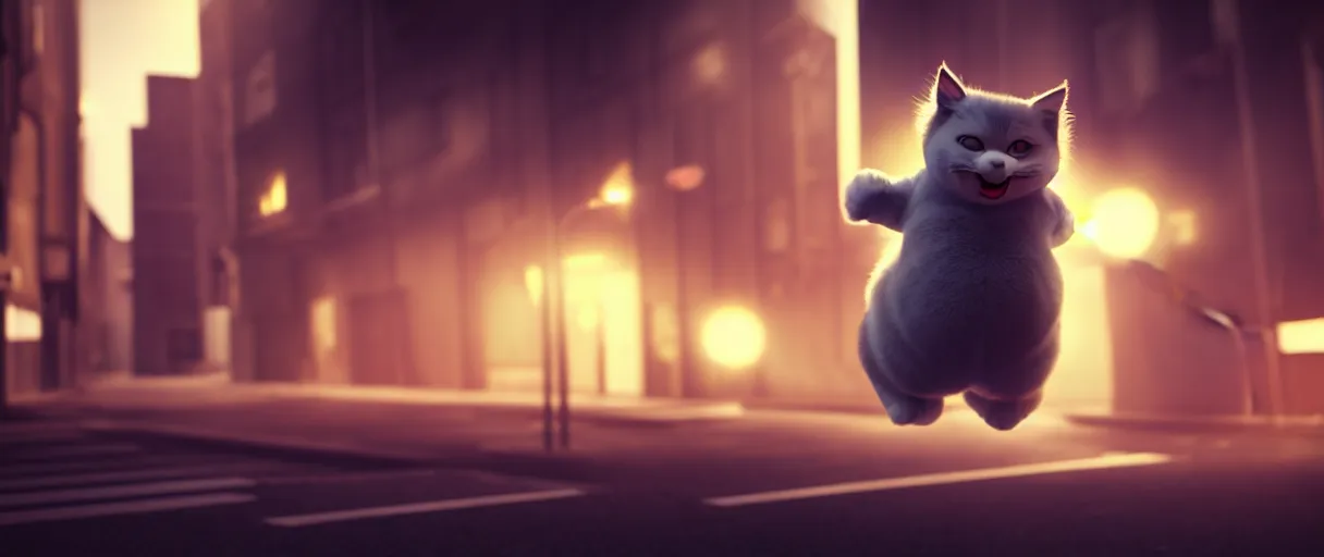 Prompt: 3d render of a cute flooffy fat catman jumping on a dark city alley sharp cinematic lighting octane 8k low angle shallow depth of field