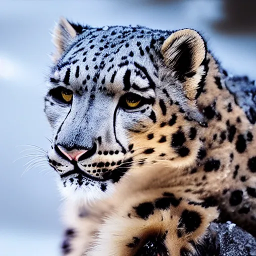 Prompt: very very very cute snow leopard, portrait, pixar style, winter forest background, cinematic lighting, award winning creature portrait photography