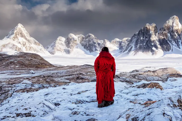 Image similar to a photo - realistic arctic landscape in wide angle, majestic snow - topped mountains in the background ( all white ), a tiger and an indian warrior woman ( intricate armor in earthern red ) in the foreground, wide angle, 1 8 mm, depth of field, foggy, moody, atmospheric