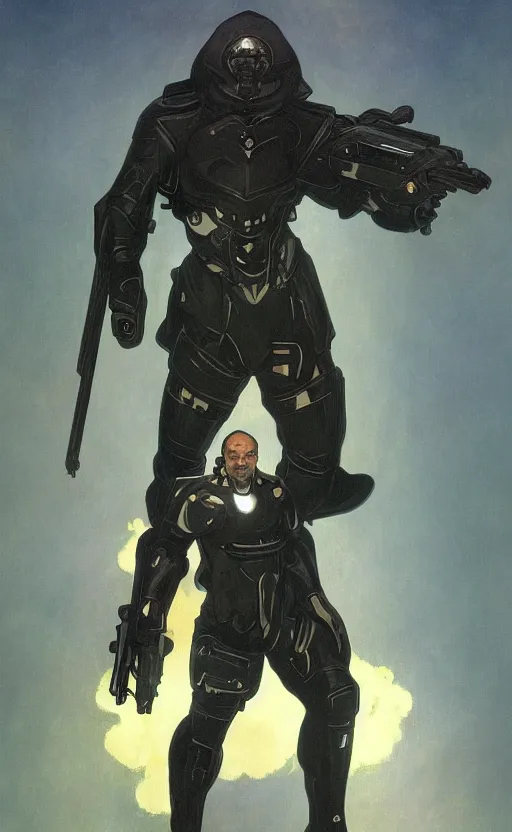 Prompt: a top view shot of a man in black futuristic armor, holding a gun up to the sky, alphonse mucha , greg rutowski, illustration, science fiction, concept art, digital painting, Trending on artstation