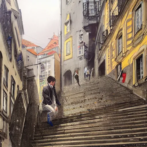 Image similar to Michael mcintyre & a blonde woman climbing steps in Porto, greg rutkowski