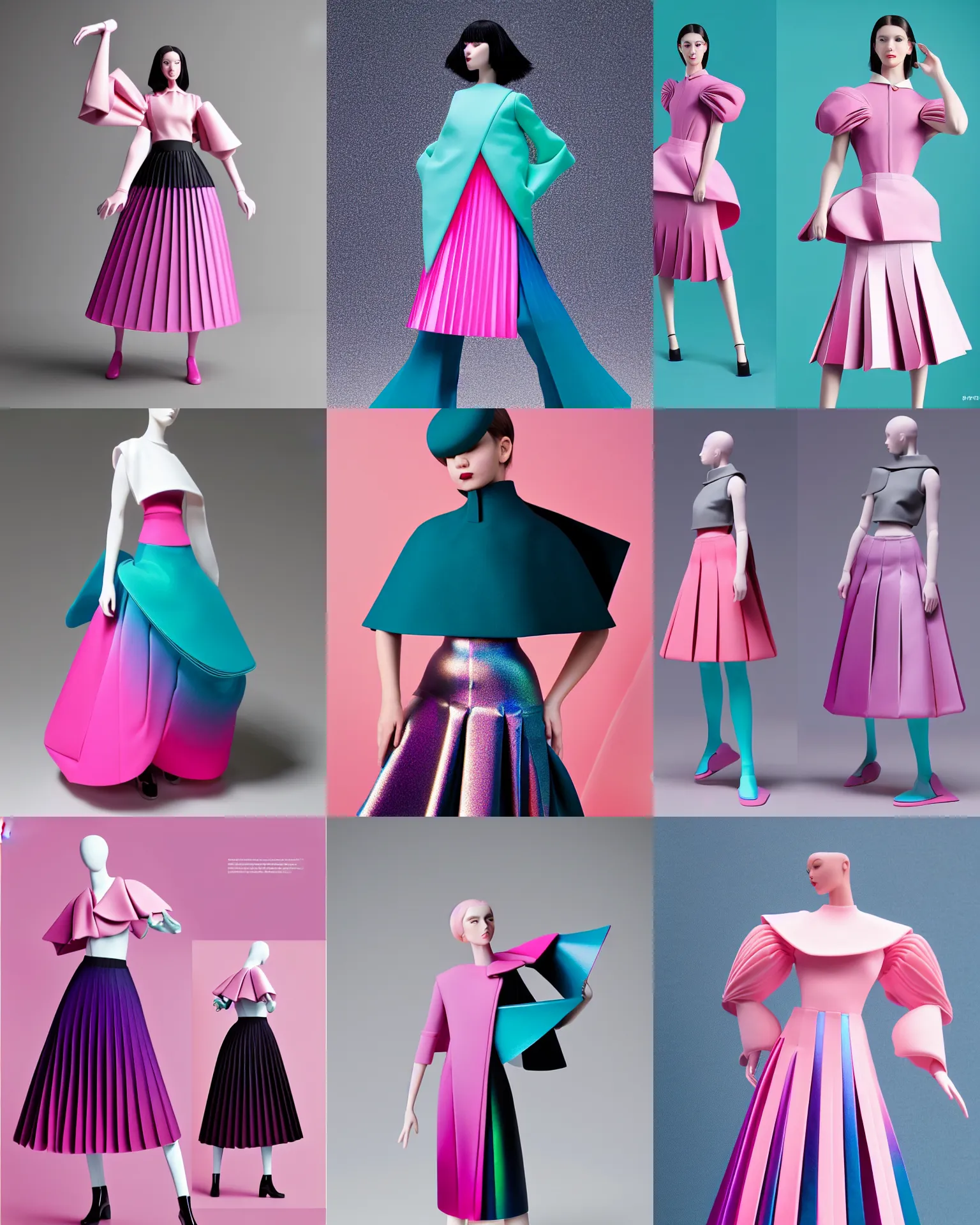 Prompt: designer figma collection ball shaped accordion sleeve haute couture, sailor uniform, midi skirt, coat pleats, synthetic curves striking pose, dynamic folds, cute huge pockets hardware, volume flutter, youthful, modeled by modern designer bust, body fit, award fashion, pink teal gradient scheme, holographic tones, expert composition, high detail, professional retouch, editorial photography