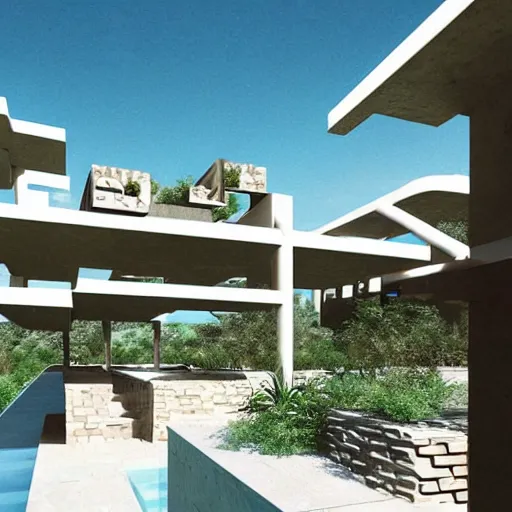 Image similar to architectural rendering of brutalism habitat 6 7 in the desert, biophilia style, pool, garden