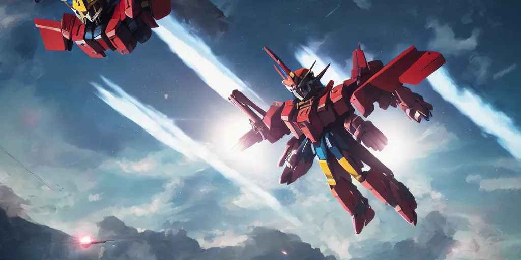 Image similar to socialist gundam flying in the sky, socialist poster, highly detailed, digital painting, trending artstation, concept art, cinematic lighting,, epic, octane render,