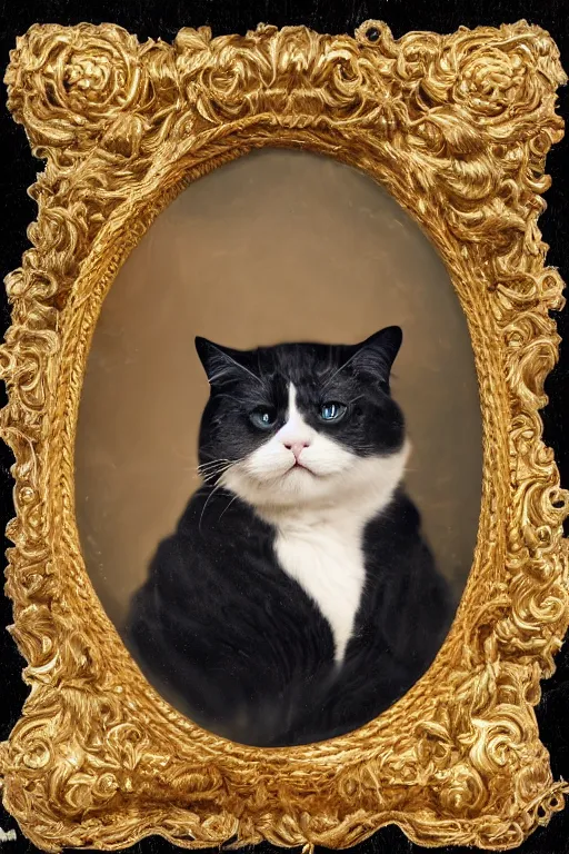 Prompt: a magnificent tintype portrait of a fluffy fat cat on an embroidered velvet cushion on a neo - rococo gilded little bed with precious stones, ball of yarns all around, by david lachapelle, photorealistic, photography, wide shot, silly looking