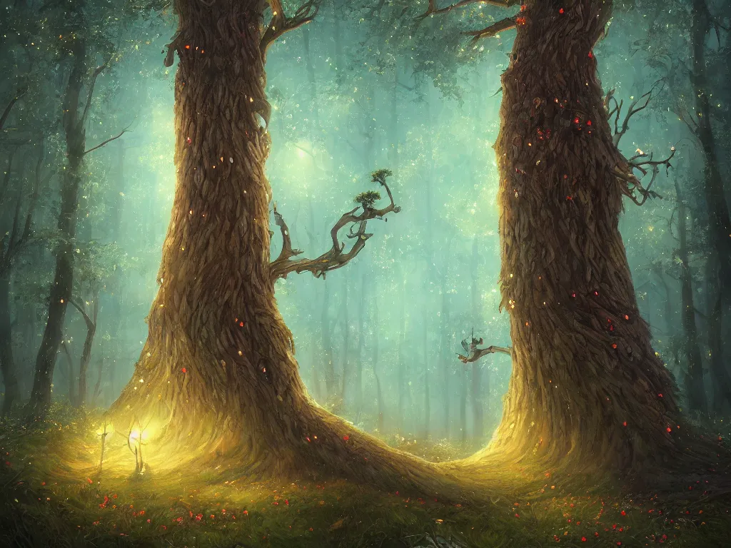 Image similar to Whimsical beautiful painting of a huge Ent standing in a glowing magical forest full of fireflies, cgsociety, trending on artstation