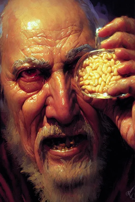 Image similar to an evil old wizard eating baked beans, extreme close up insane face portrait dnd, painting by gaston bussiere, craig mullins, greg rutkowski, yoji shinkawa